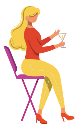 Jeune femme avec un cocktail assis sur une chaise  Illustration