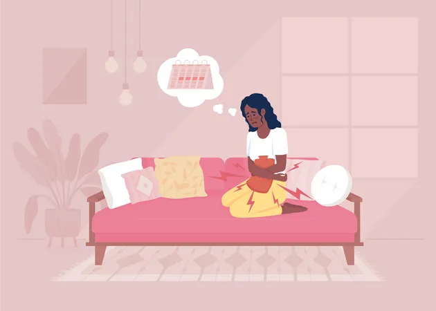 Jeune femme avec coussin chauffant en période de temps  Illustration