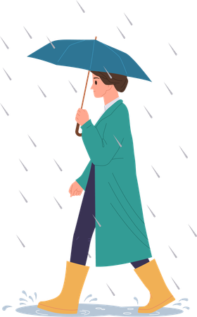 Jeune femme avec parapluie marchant sur une flaque d'eau sous les gouttes de pluie  Illustration