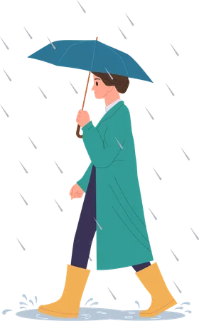 Jeune femme avec parapluie marchant sur une flaque d'eau sous les gouttes de pluie  Illustration