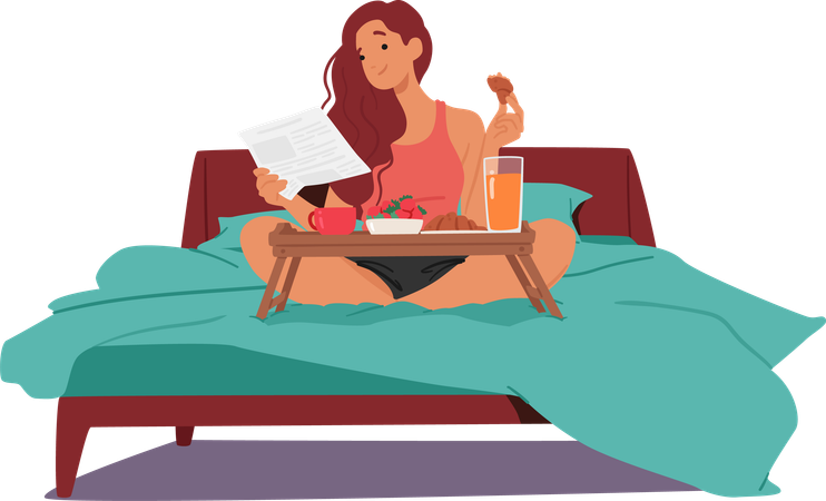 Jeune femme ayant savourant tranquillement le petit déjeuner au lit  Illustration