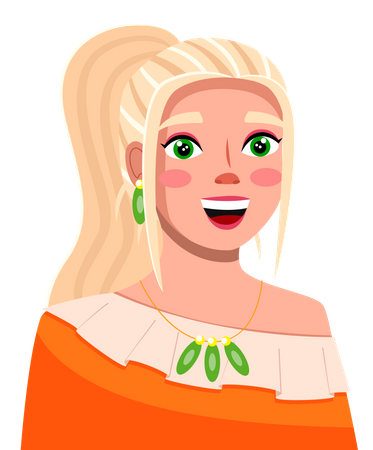 Jeune femme blonde souriante porte un tissu orange avec des accessoires verts en queue de cheval  Illustration