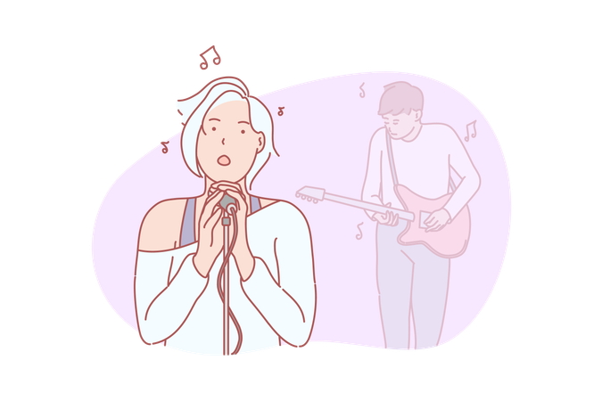 Jeune chanteuse avec un guitariste masculin faisant une performance au concert  Illustration