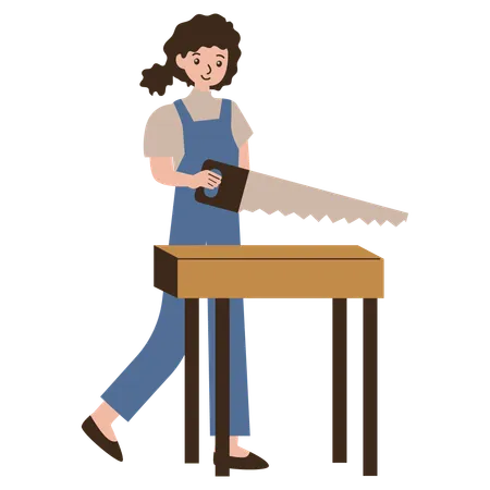Jeune charpentier coupant une table à l'aide d'une scie à main  Illustration