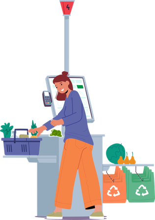 Une jeune cliente achète des aliments frais à la caisse automatique d'un supermarché  Illustration