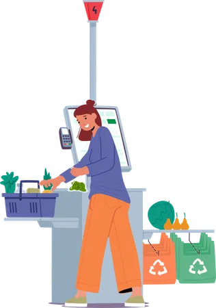 Une jeune cliente achète des aliments frais à la caisse automatique d'un supermarché  Illustration