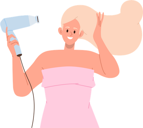 Jeune femme coiffure séchage cheveux mouillés avec sèche-linge  Illustration