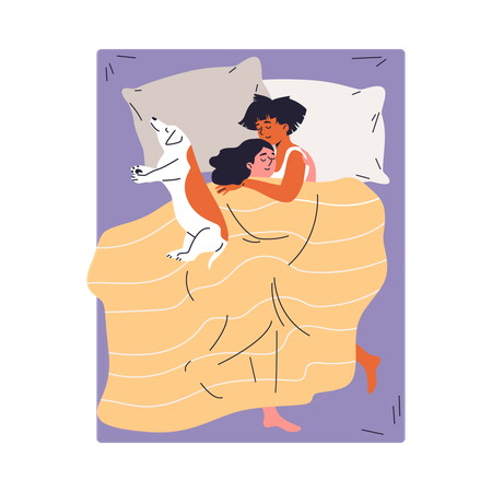 Jeune couple de lesbiennes se serrant dans leurs bras sous une couverture allongée sur le lit avec un chien  Illustration