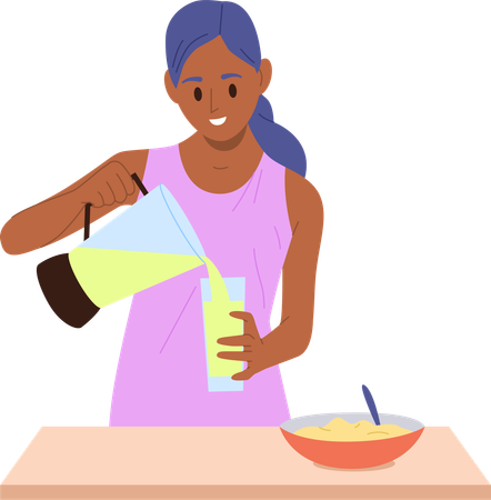 Jeune femme préparant des céréales, du porridge et du jus de fruits frais au petit-déjeuner  Illustration