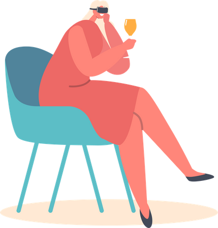 Jeune femme dans des lunettes VR boit de l'alcool assise sur une chaise  Illustration