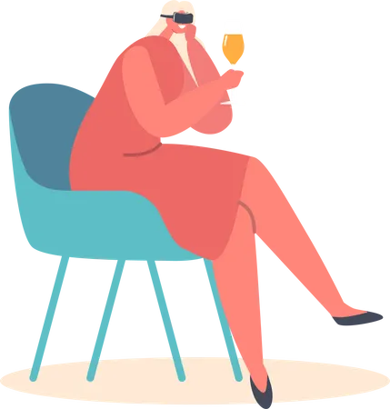 Jeune femme dans des lunettes VR boit de l'alcool assise sur une chaise  Illustration