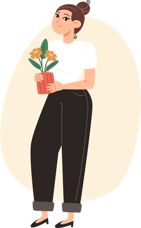 Jeune femme debout avec un pot de fleur à la main  Illustration