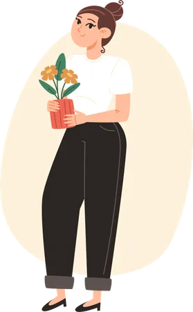 Jeune femme debout avec un pot de fleur à la main  Illustration