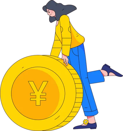 Jeune femme debout avec une pièce de monnaie en yens  Illustration