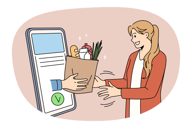 Une jeune femme debout reçoit un colis alimentaire en ligne depuis l'écran de son smartphone  Illustration