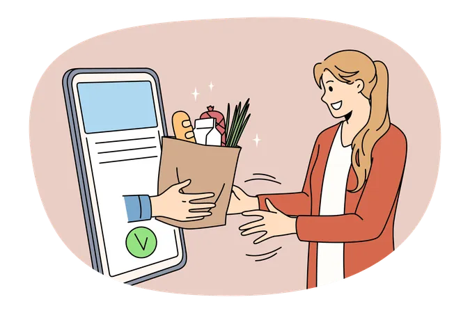 Une jeune femme debout reçoit un colis alimentaire en ligne depuis l'écran de son smartphone  Illustration