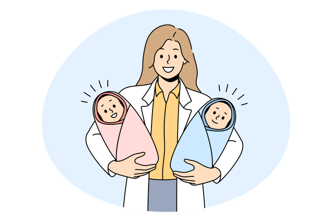 Jeune femme debout et tenant des jumeaux garçon et fille nouveau-né dans les mains à la clinique  Illustration