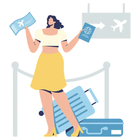 Jeune femme debout tout en tenant la carte d'embarquement avec billet à l'aéroport  Illustration