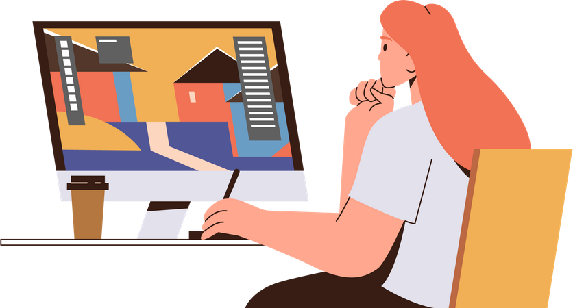 Jeune designer féminine travaillant sur un ordinateur assis à une table de bureau  Illustration