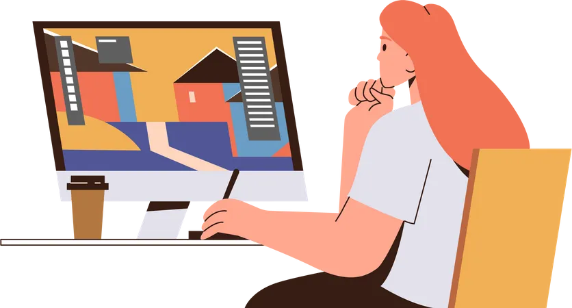 Jeune designer féminine travaillant sur un ordinateur assis à une table de bureau  Illustration
