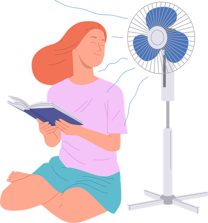 Jeune femme détendue lisant un livre en se rafraîchissant avec un ventilateur à hélice électrique  Illustration