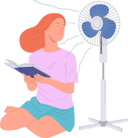 Jeune femme détendue lisant un livre en se rafraîchissant avec un ventilateur à hélice électrique  Illustration