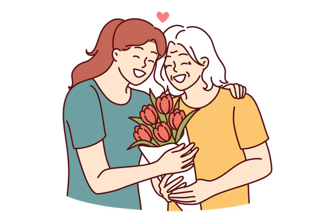 Jeune femme donnant un bouquet de fleurs à sa mère âgée  Illustration