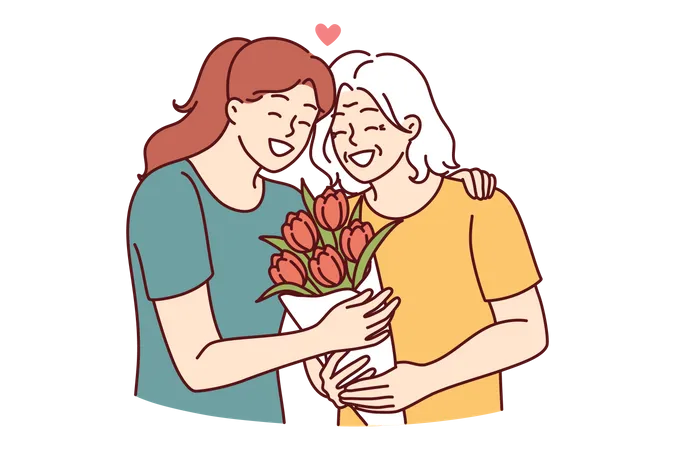 Jeune femme donnant un bouquet de fleurs à sa mère âgée  Illustration