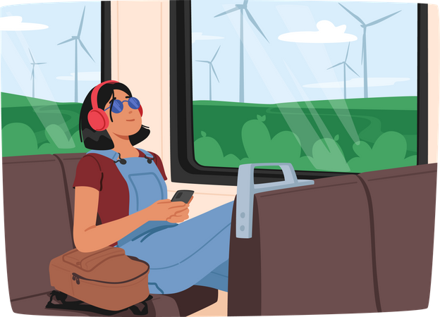 Jeune femme écoutant de la musique avec des écouteurs en montant dans le train  Illustration