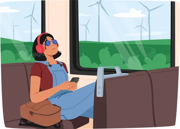 Jeune femme écoutant de la musique avec des écouteurs en montant dans le train  Illustration