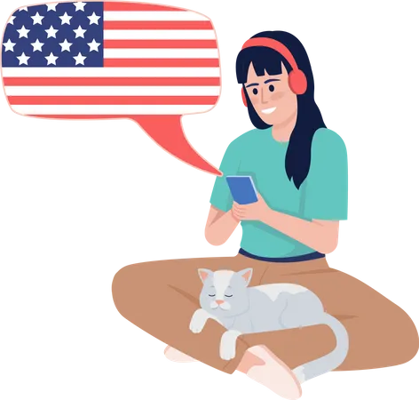 Jeune femme écoutant un cours d'anglais américain  Illustration