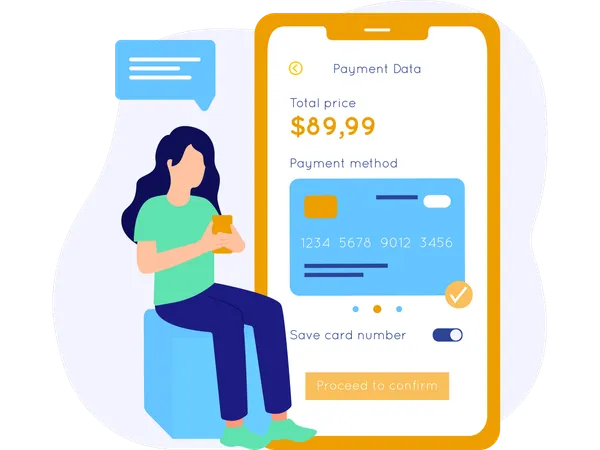 Jeune femme effectuant un paiement mobile  Illustration