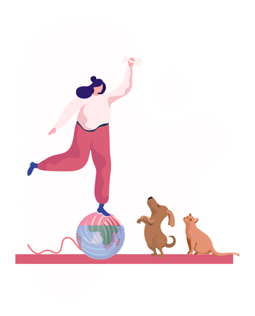 Jeune femme en équilibre sur le ballon et la formation d'animaux domestiques chat et chien avec os  Illustration