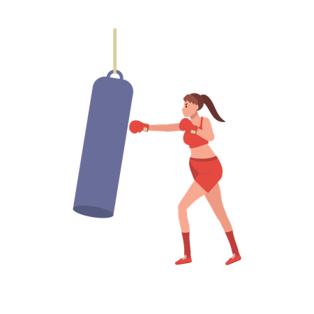 Jeune femme en bonne santé frappant au sac de boxe  Illustration