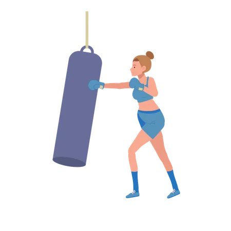 Jeune femme en bonne santé frappant au sac de boxe. Sport et exercice  Illustration