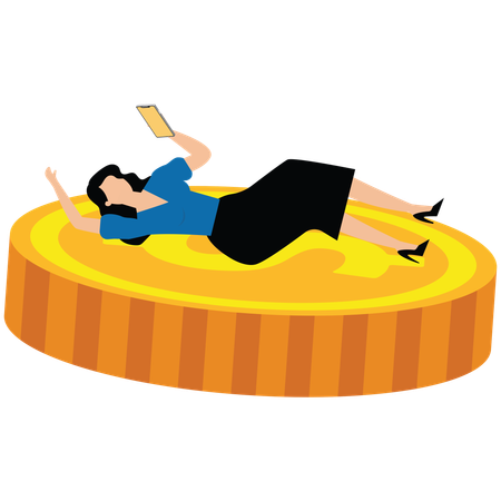Jeune femme endormie sur des pièces de monnaie tenant un téléphone portable  Illustration