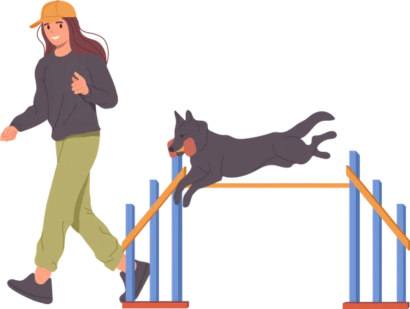 Entraîneur de jeune femme enseignant au chien à sauter par-dessus les obstacles en effectuant un exercice d'entraînement d'agilité  Illustration