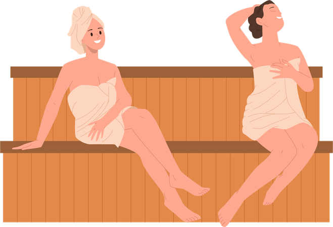 Jeune femme enveloppée dans des serviettes fumantes dans un sauna sec  Illustration