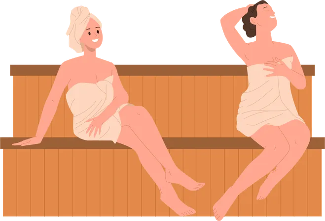 Jeune femme enveloppée dans des serviettes fumantes dans un sauna sec  Illustration