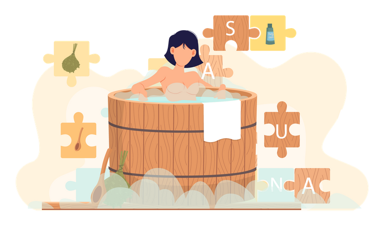 La jeune femme est assise dans une baignoire en bois  Illustration