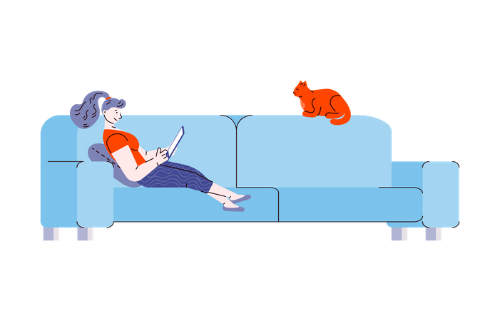 Jeune femme et chat se reposant sur le canapé du salon  Illustration