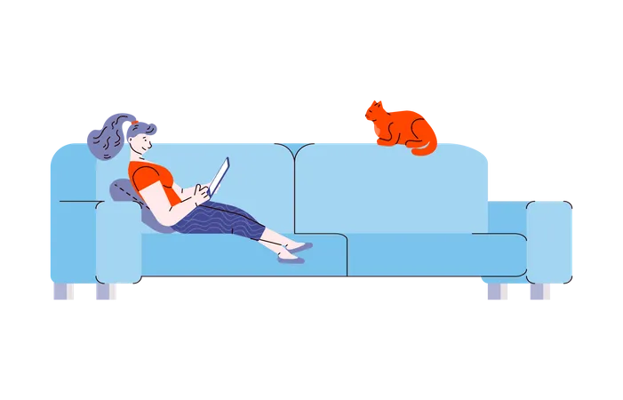 Jeune femme et chat se reposant sur le canapé du salon  Illustration