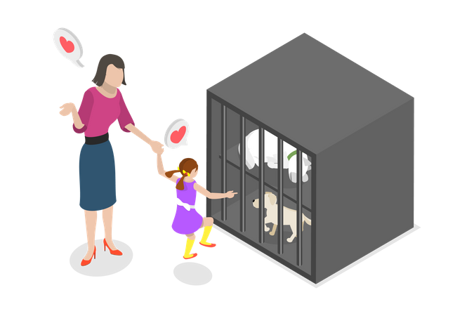 Jeune femme et fille adoptant des animaux sans abri  Illustration