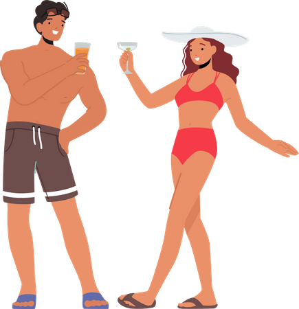 Jeune femme et homme buvant des cocktails à la fête sur la plage  Illustration