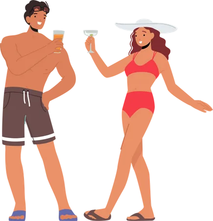 Jeune femme et homme buvant des cocktails à la fête sur la plage  Illustration