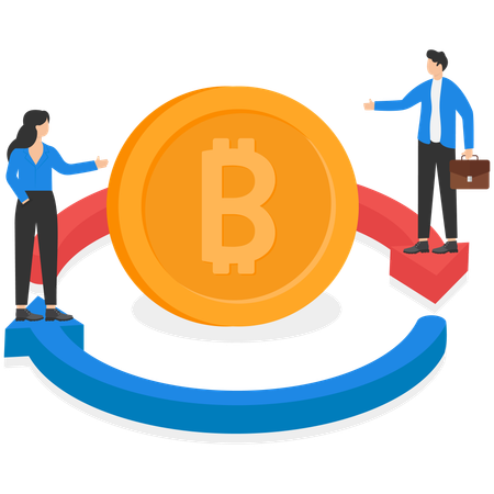 Jeune femme et homme debout sur un bitcoin rond  Illustration