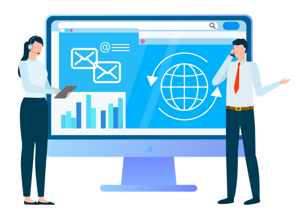 Jeune femme et homme faisant une analyse commerciale  Illustration