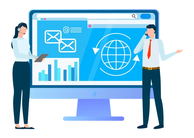 Jeune femme et homme faisant une analyse commerciale  Illustration