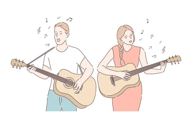 Jeune femme et homme jouant de la guitare et chantant une chanson  Illustration