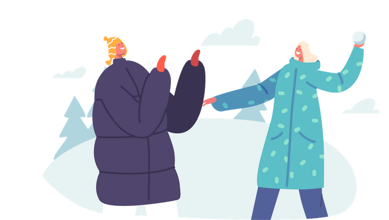 Jeune femme et homme jouant des boules de neige dans la rue  Illustration